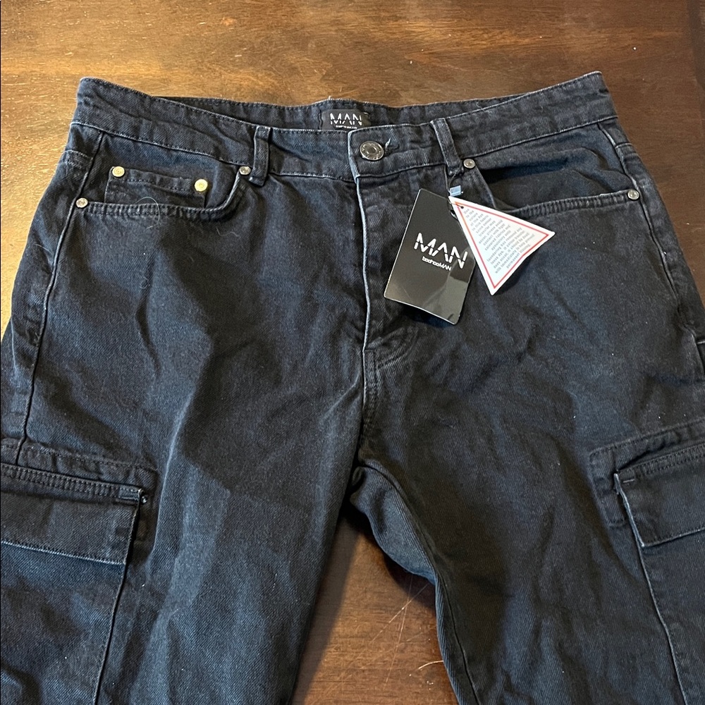 Black Denim Cargo Pants (Jeans) by boohooMAN